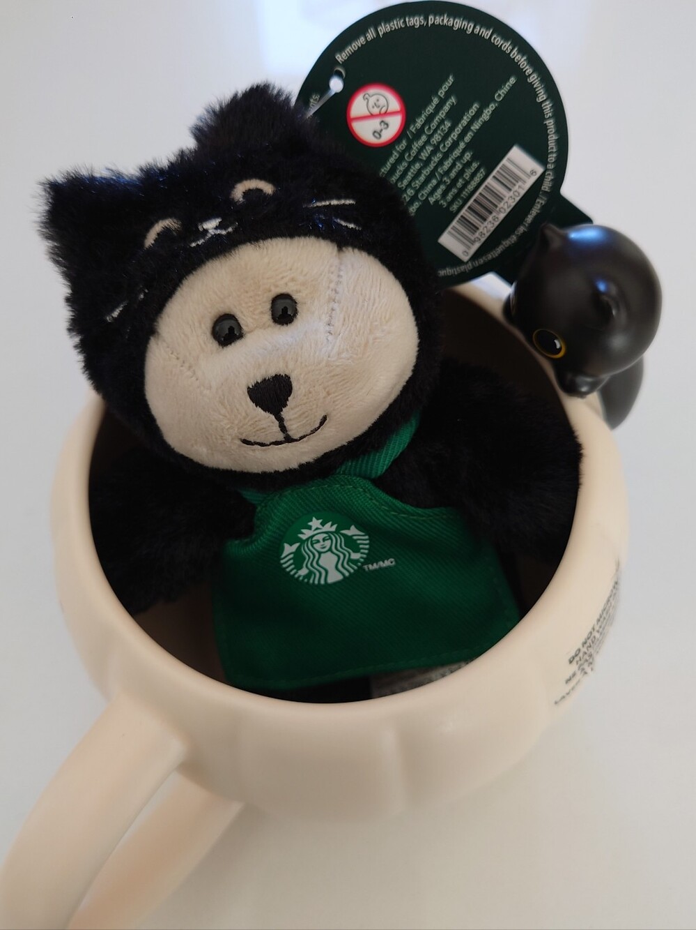 Starbucks Black Cat Bearista Keycharm and White Pumpkin mug w/ Black Cat accent